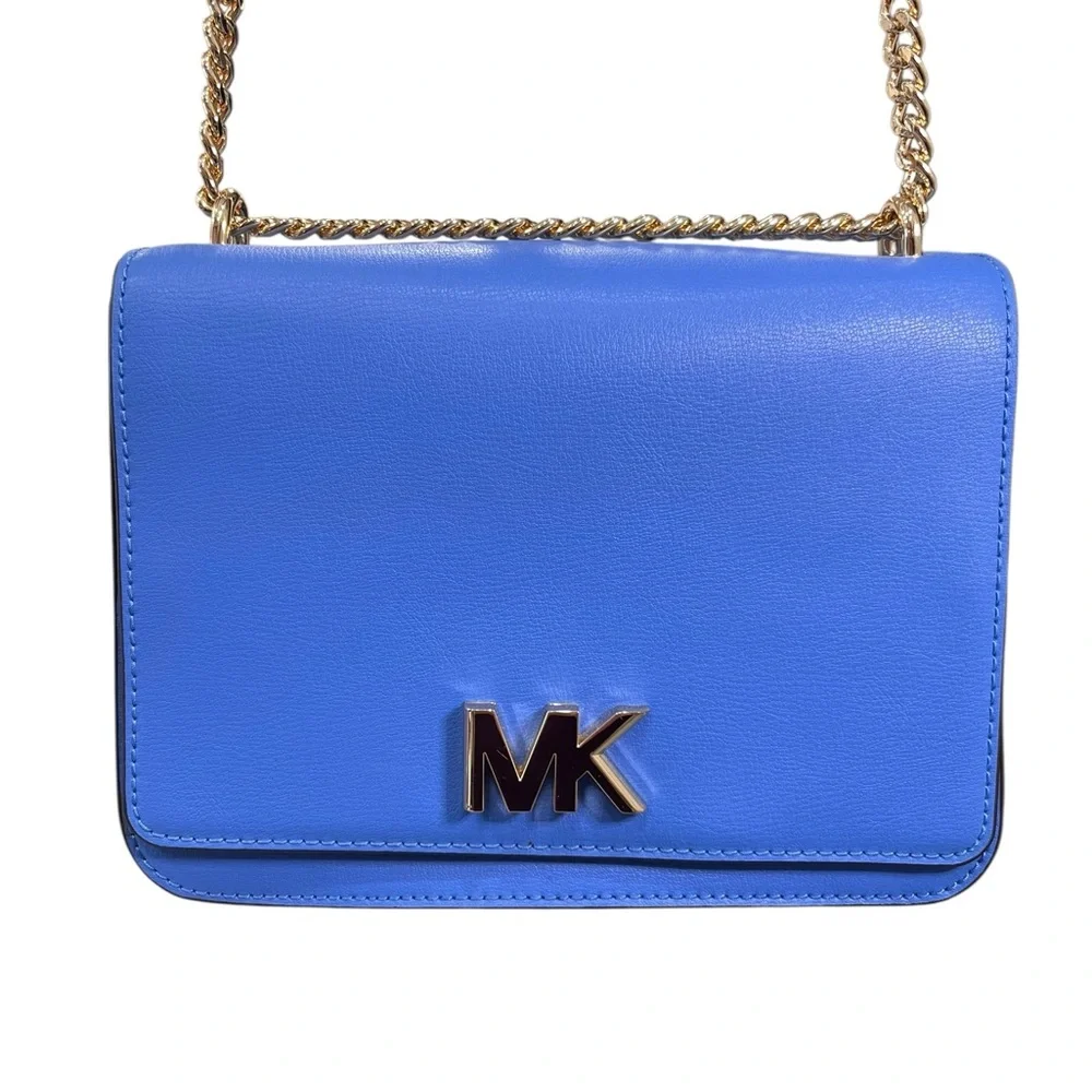 Michael Kors Mott Large Leather Shoulder Bag Oxford Blue Gold Chain NWT - Picture 2 of 12